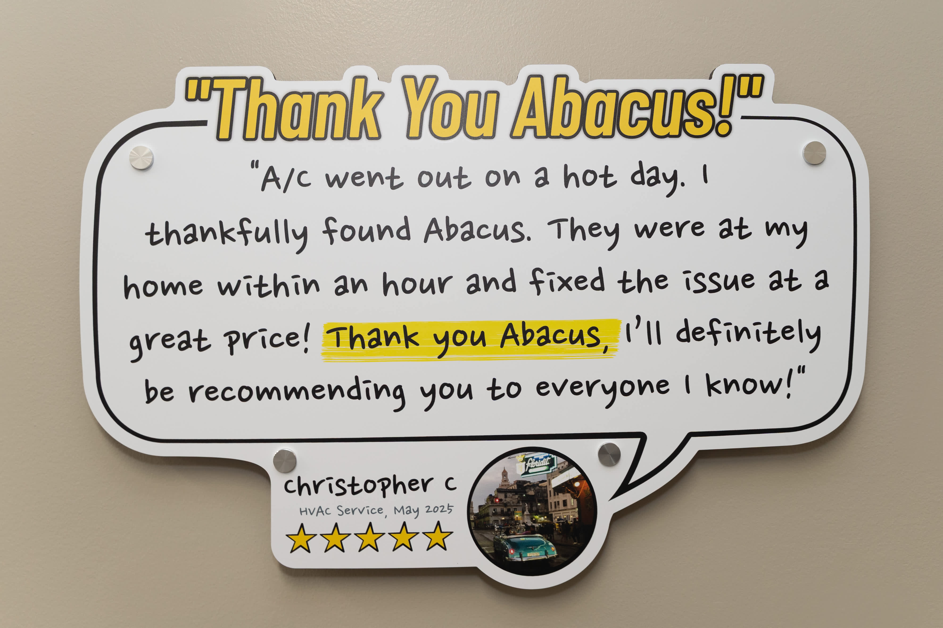 Trusted feedback on prompt, affordable HVAC service highlights the craftsmanship and reliability of Abacus Plumbing, Air Conditioning, & Electrical.