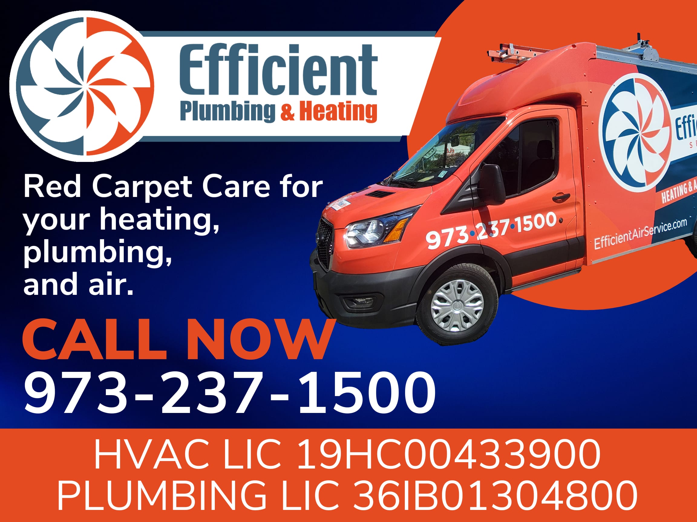 Experience Red Carpet Care with Efficient Air Service for all your HVAC and plumbing needs. Call us for premium service.