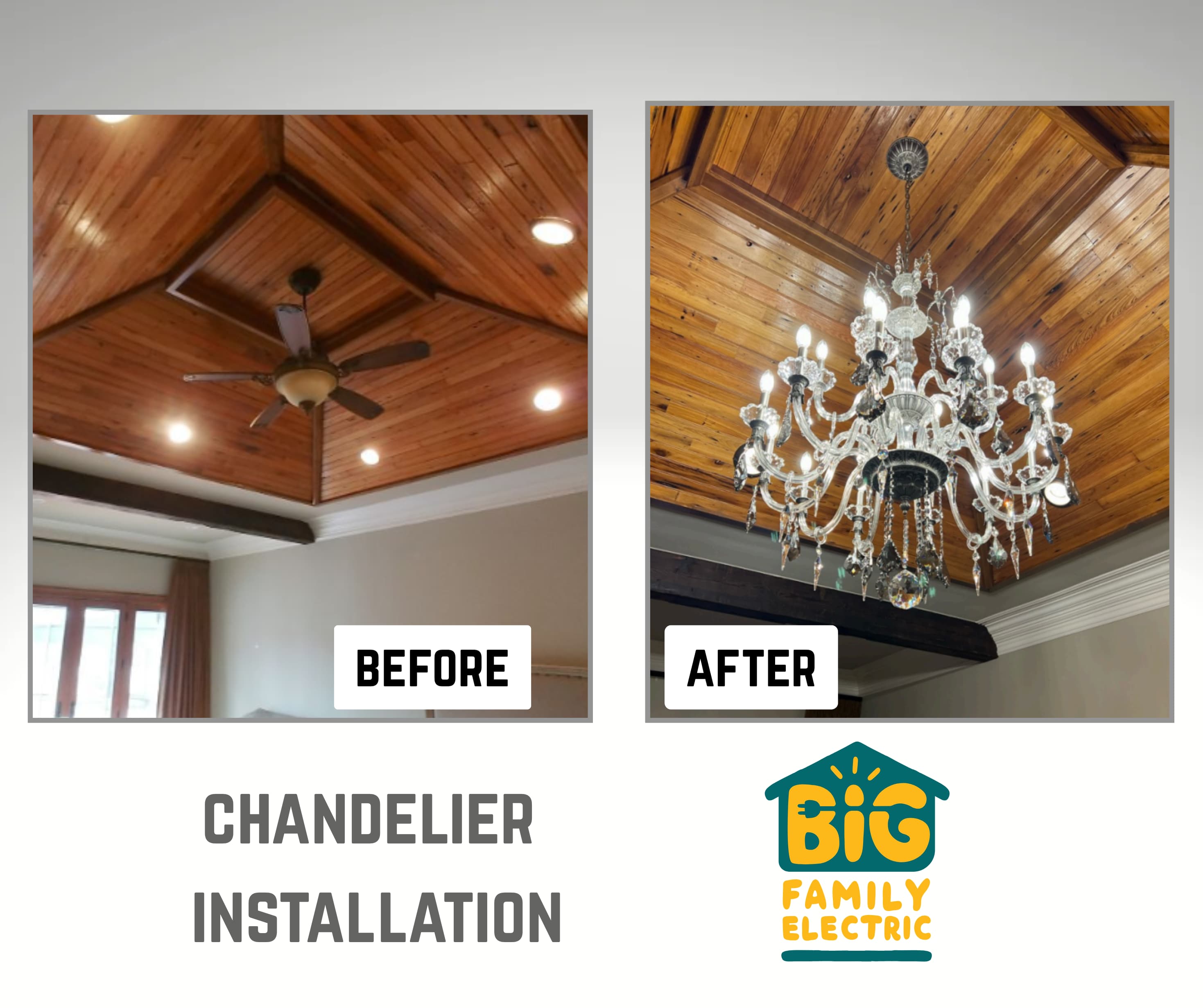 Transform your space with elegant chandelier installations with Big Family Electric.