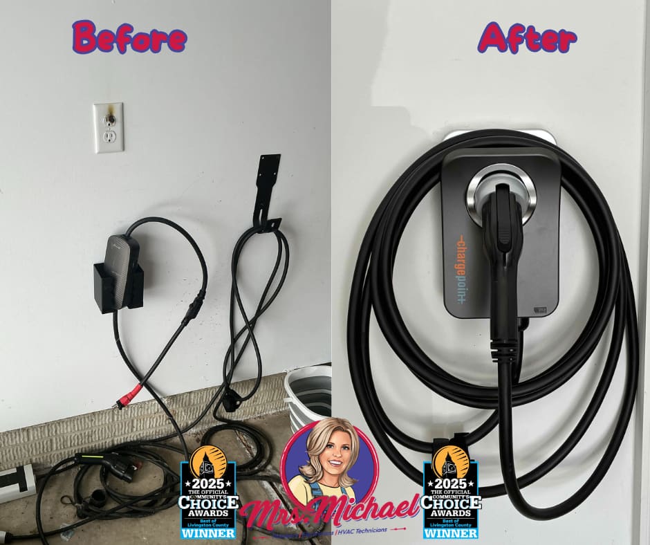 Transform cluttered garage charging to a tidy, safe setup with Mrs. Michael Plumbers, Electricians, and HVAC Technicians handling professional EV charger installations.