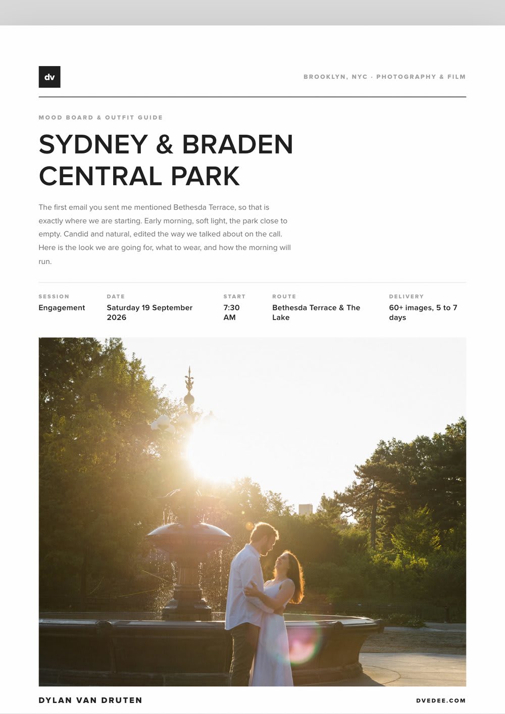 A mood board and outfit guide for a Central Park session