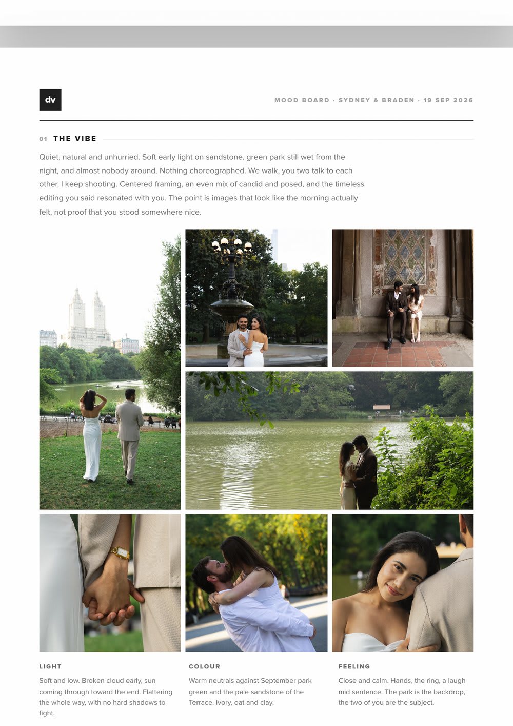 The vibe page of a mood board, with light, colour and feeling notes