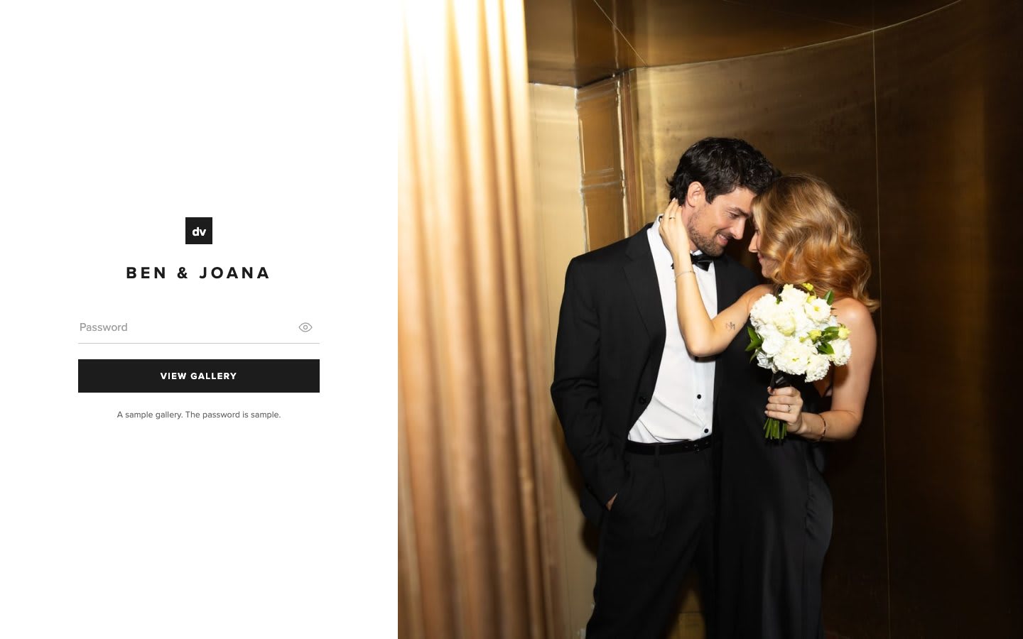 The gallery entry screen: the couple's names, a password field and a full-height cover photo