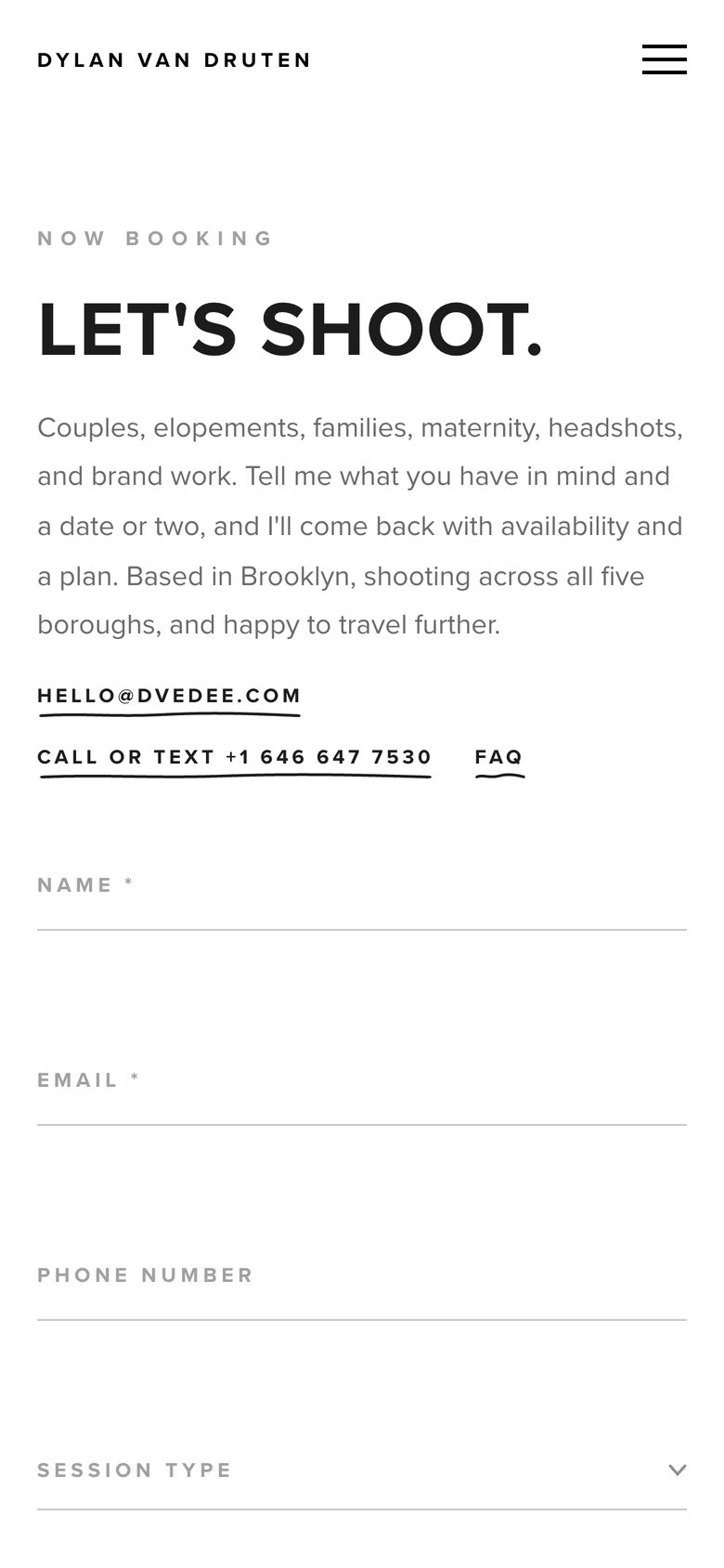 The booking form on a phone: name, email, phone, session type and preferred dates