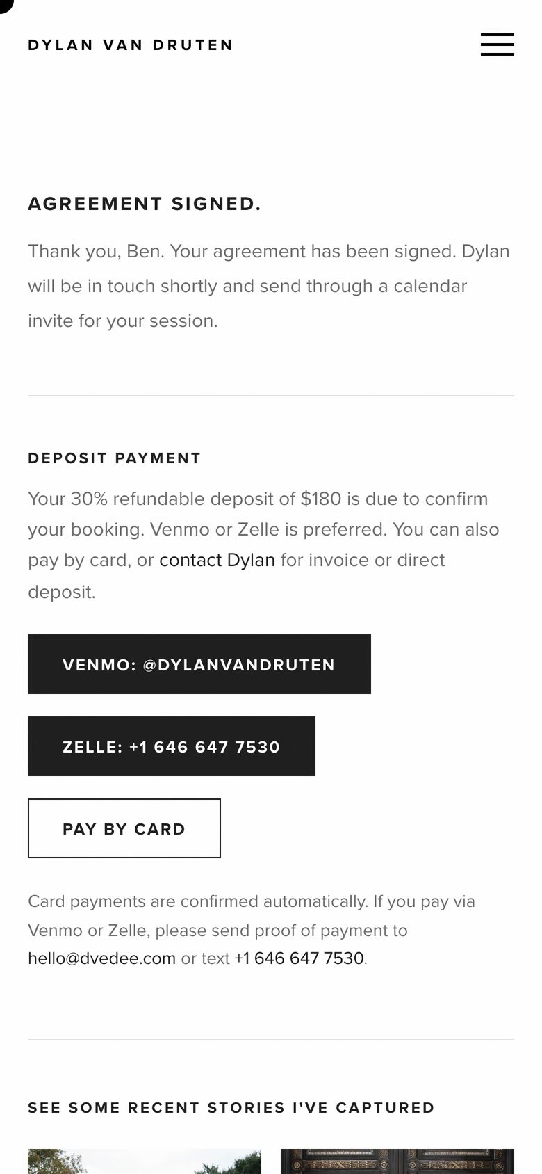 After signing: the deposit amount with Venmo, Zelle and card buttons