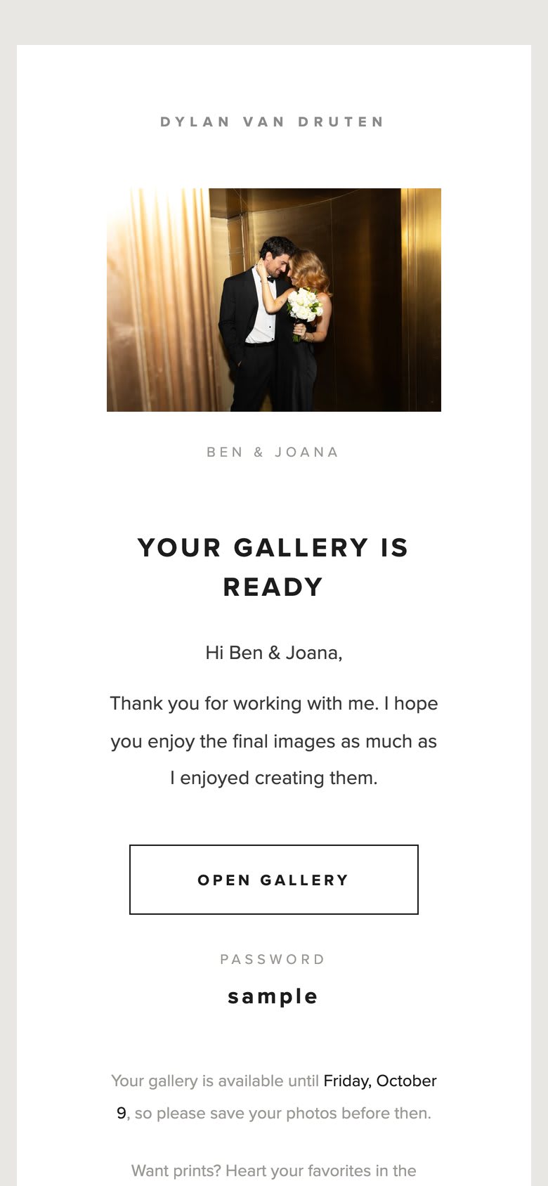 The 'Your gallery is ready' email with a cover photo, Open Gallery button and password