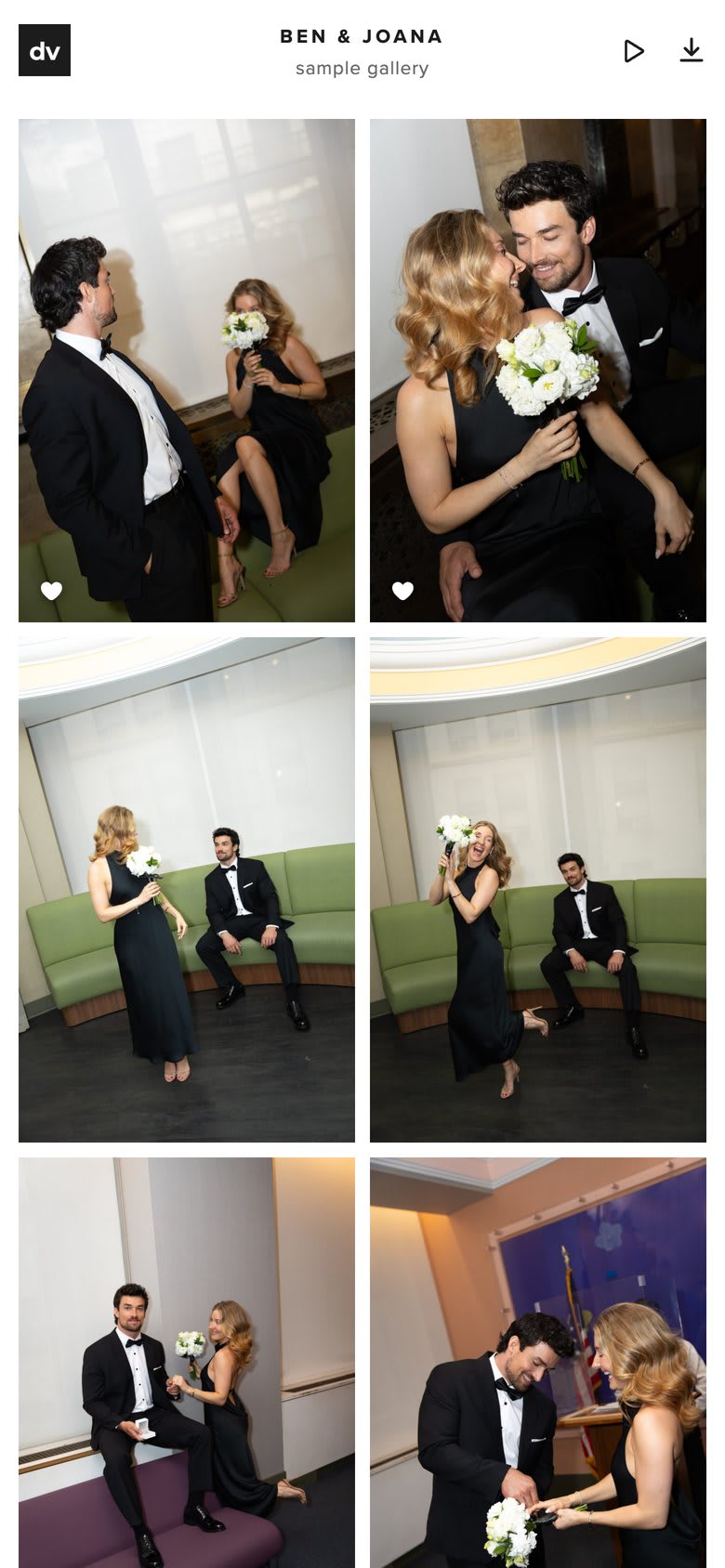 The gallery on a phone: a grid of photos with slideshow, favourites and download buttons