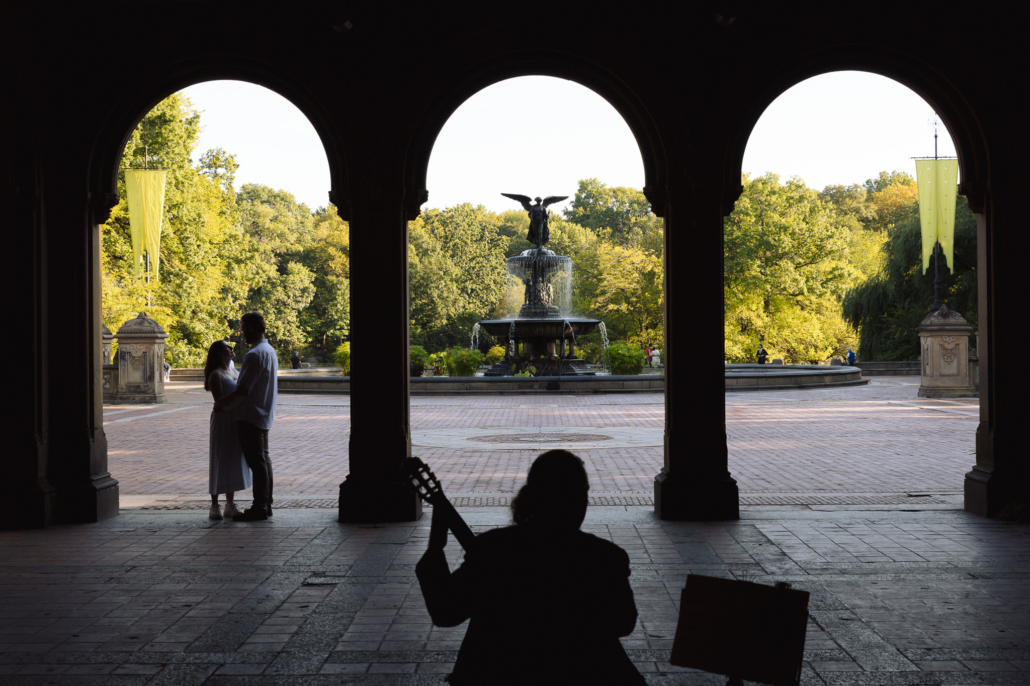 Bethesda Terrace in Central Park, the fountain and plaza viewed from the upper steps