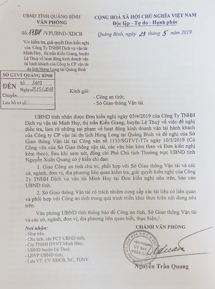 Công an tỉnh sẽ chủ trì kiểm tra, giải quyết đơn kiến nghị của Công ty Minh Huy trong hoạt động kinh...