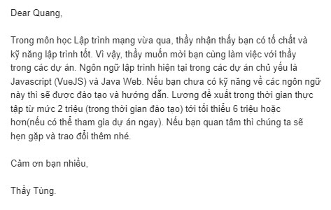 Lời mời thực tập đầu tiên