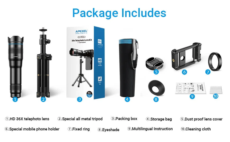Apexel 36x Smartphone Telephoto Lens – Package content