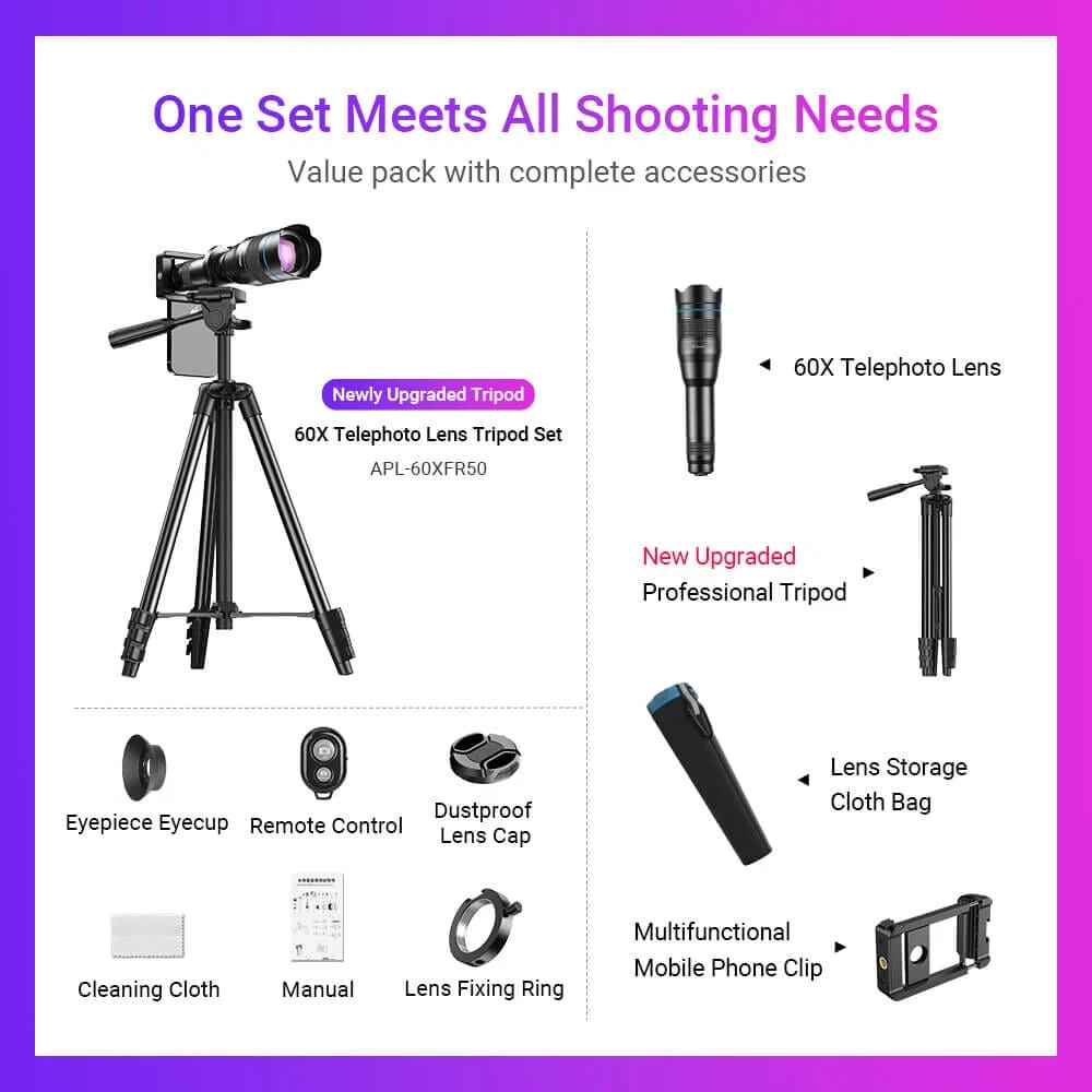 Apexel 60X Phone Telephoto Lens – Package content 