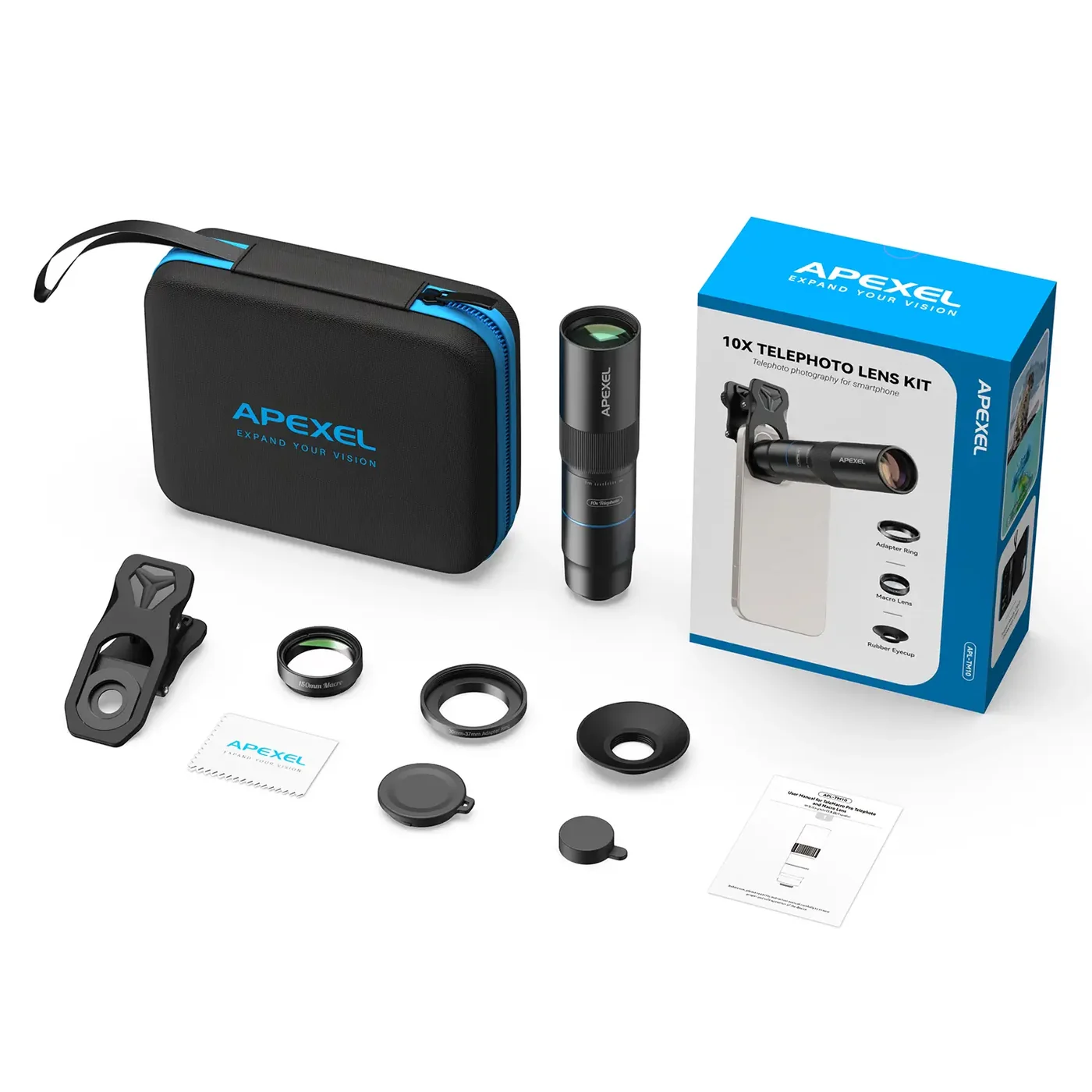 Apexel TeleMacro Pro 10x 2in1 Lens (Macro & Zoom) – Package content