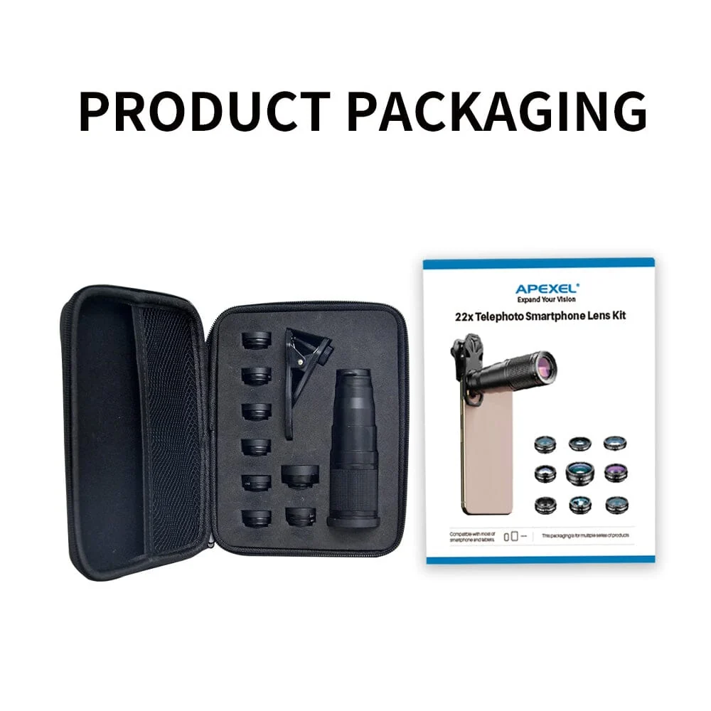Apexel 22X 10 in 1 Phone Lens – Package content 