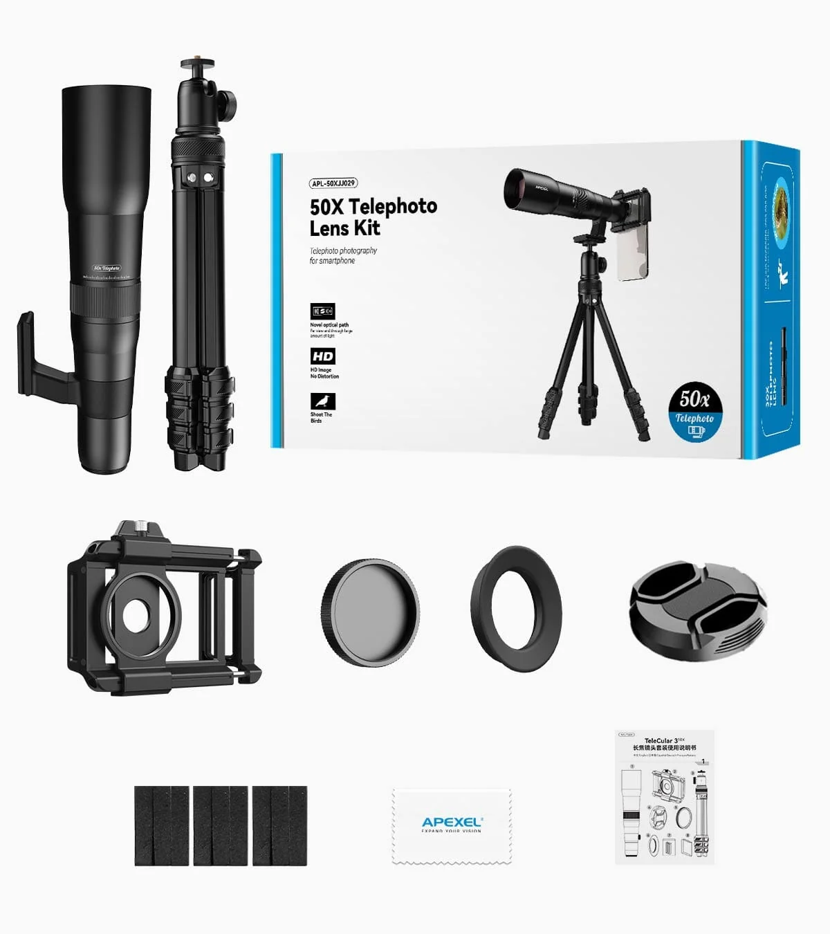 Apexel TeleCular 3 Series 50X Telephoto Lens – Package content 