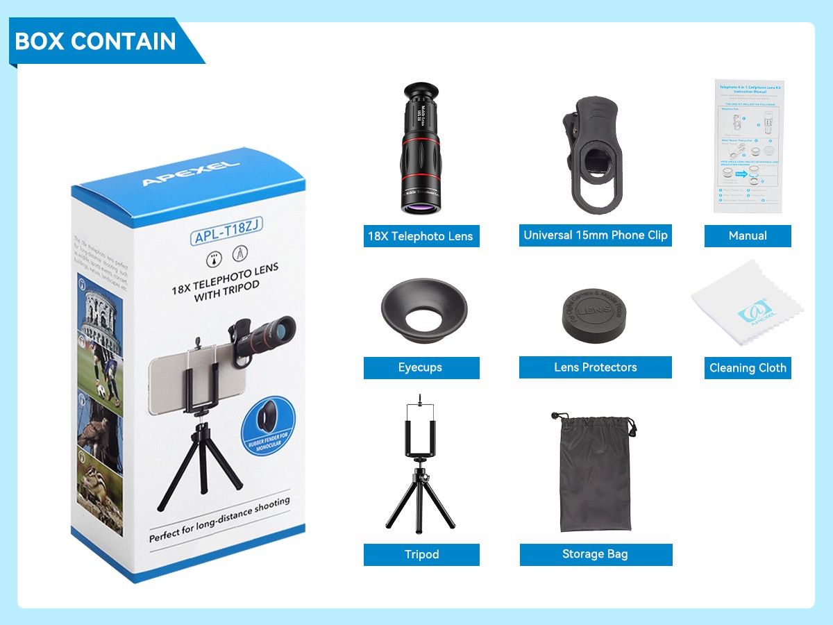 Apexel 18x25 Telephoto Lens Update Version – Package content 