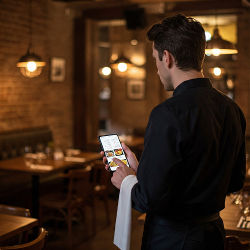 Imagem de garçom usando sys2n no tablet para pedidos em restaurante