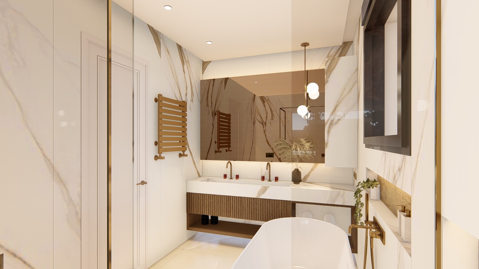 Baño principal con mármol Calacatta Gold — proyecto Elite Master GV