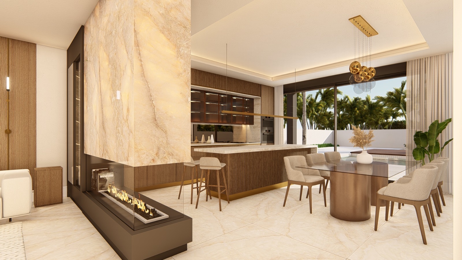 Reforma integral — cocina y comedor con chimenea, obra Elite Master GV