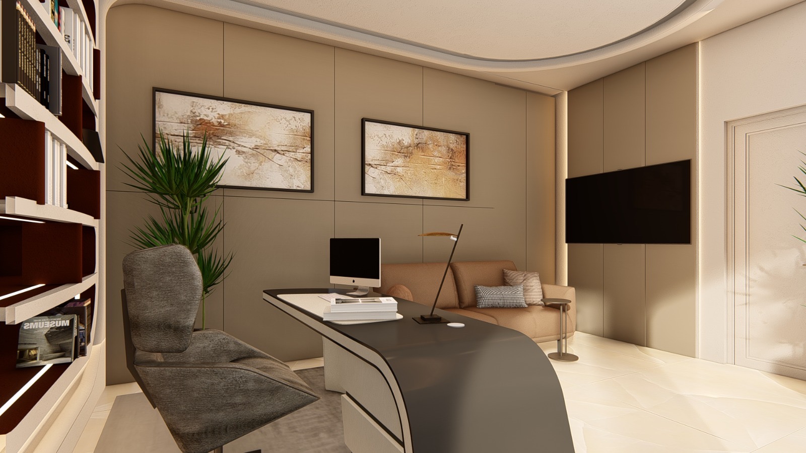 Acabados interiores premium — despacho con biblioteca, obra Elite Master GV