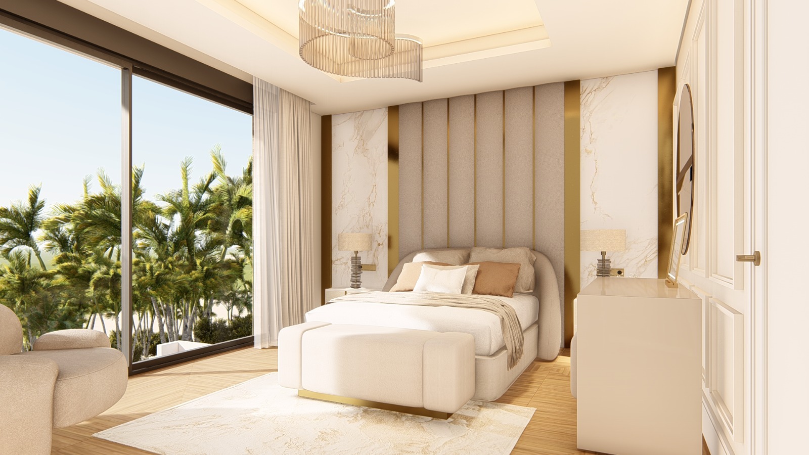 Dormitorio principal con espejo circular retroiluminado y panel de piedra — Elite Master GV