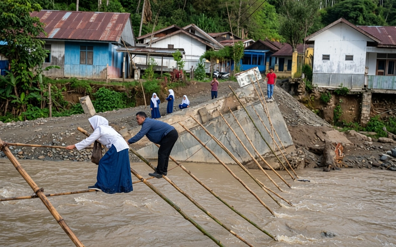 Anak Sekolah di Gayo Lues Seberangi Sungai dengan Tali dan Bambu, Jembatan Baru Kini Dikebut