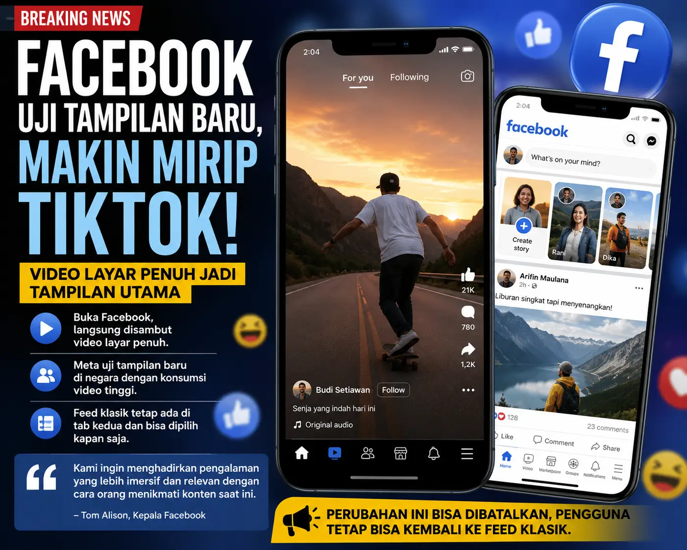 Facebook Uji Tampilan Mirip TikTok, Video Layar Penuh Bakal Muncul Saat Aplikasi Dibuka