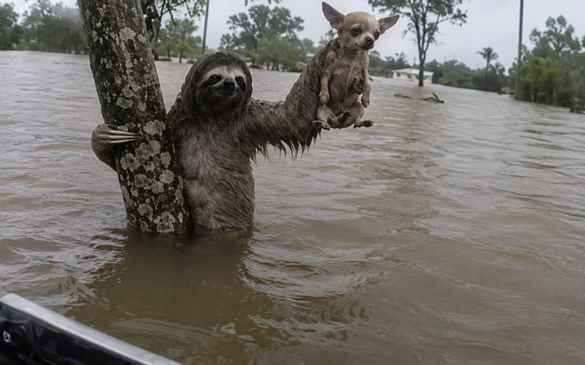 Kukang Peluk Anak Anjing di Tengah Banjir, Momen Tak Terduga Ini Bikin Netizen Meleleh