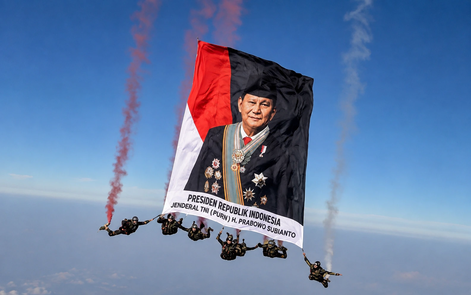 Foto Prabowo “Terbang” di Langit Jakarta, Atraksi Kopassus Meriahkan HUT ke-81 RI 🇮🇩