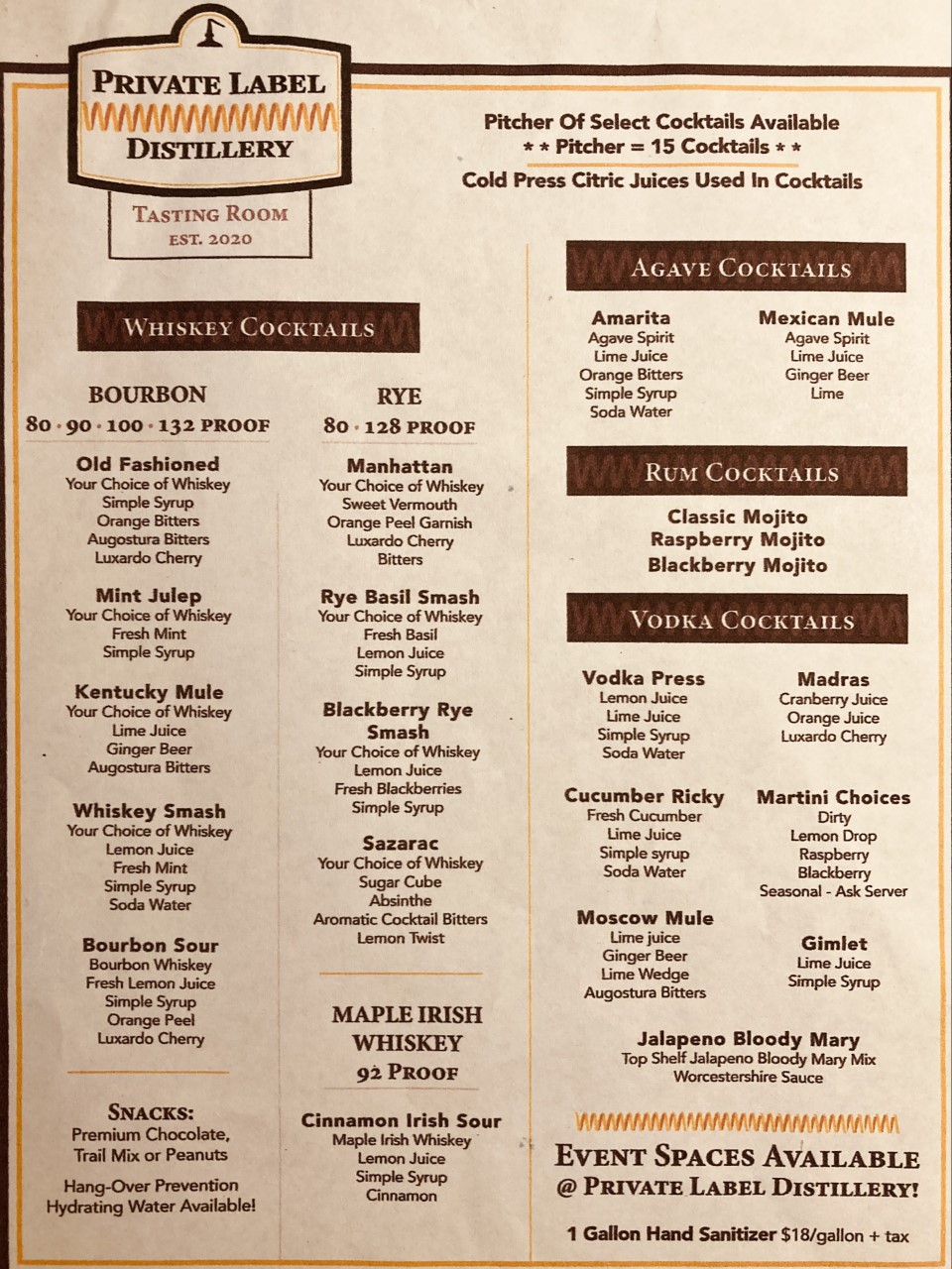 The online distillery menu