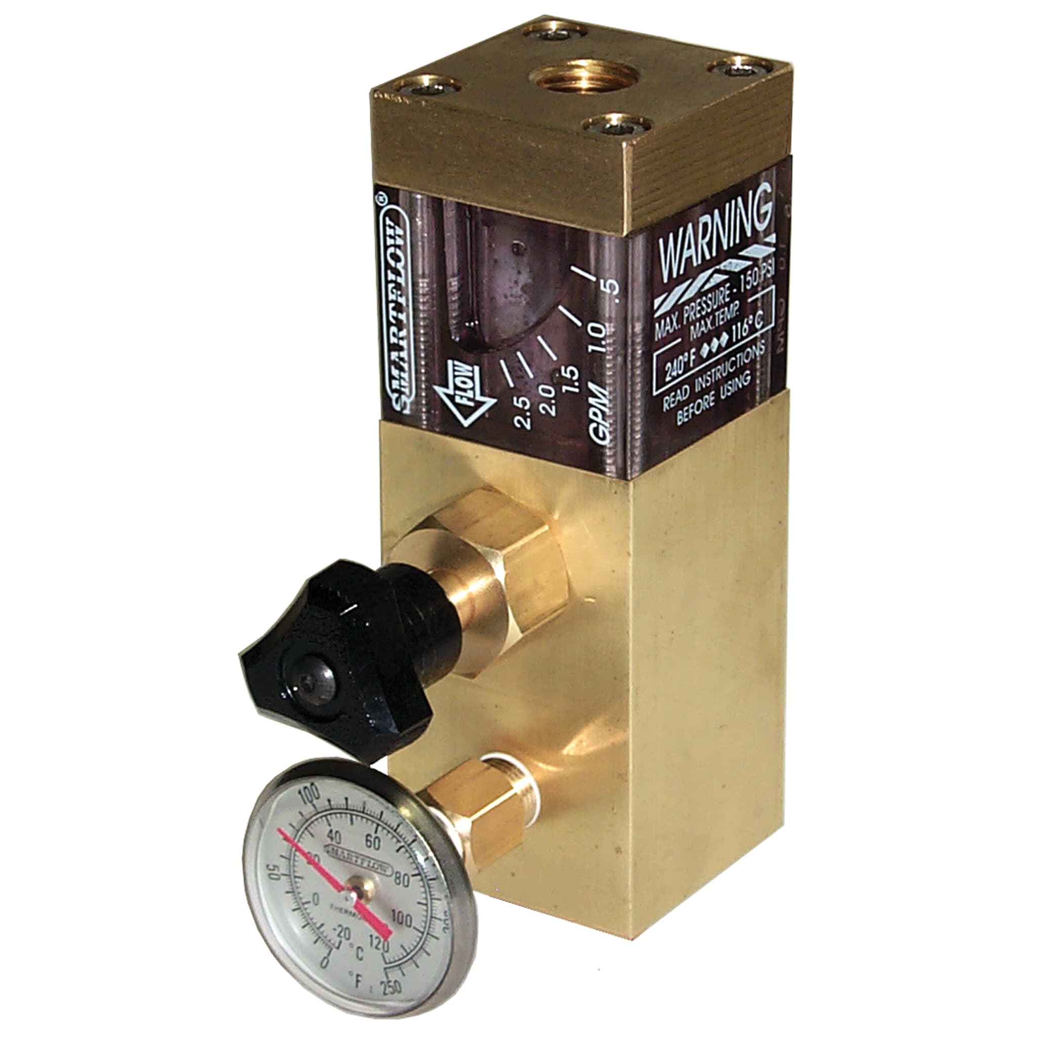 Flow Regulator, Brass, 1/2" NPT Inlet, 3/8" NPT Outlet, 2.5 gpm, with Temperature Gauge