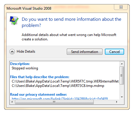 Visual Studio Send Information