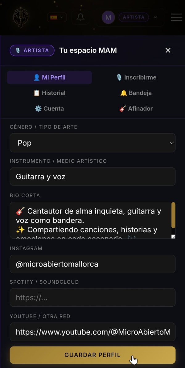 Completar perfil artístico