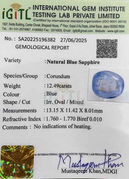 Natural blue Sapphire 12.49 cts