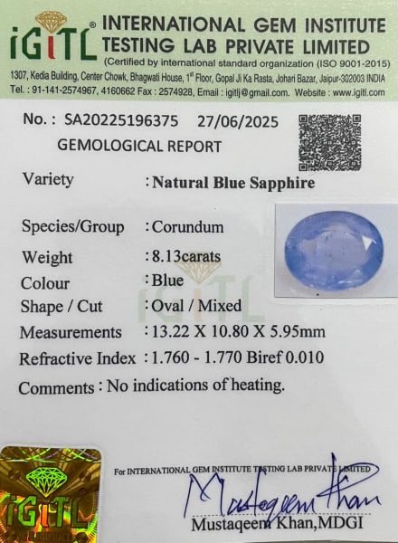 Natural Blue Sapphire 8.13 cts