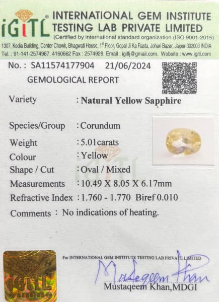 Natural Yellow Sapphire 5.01 cts