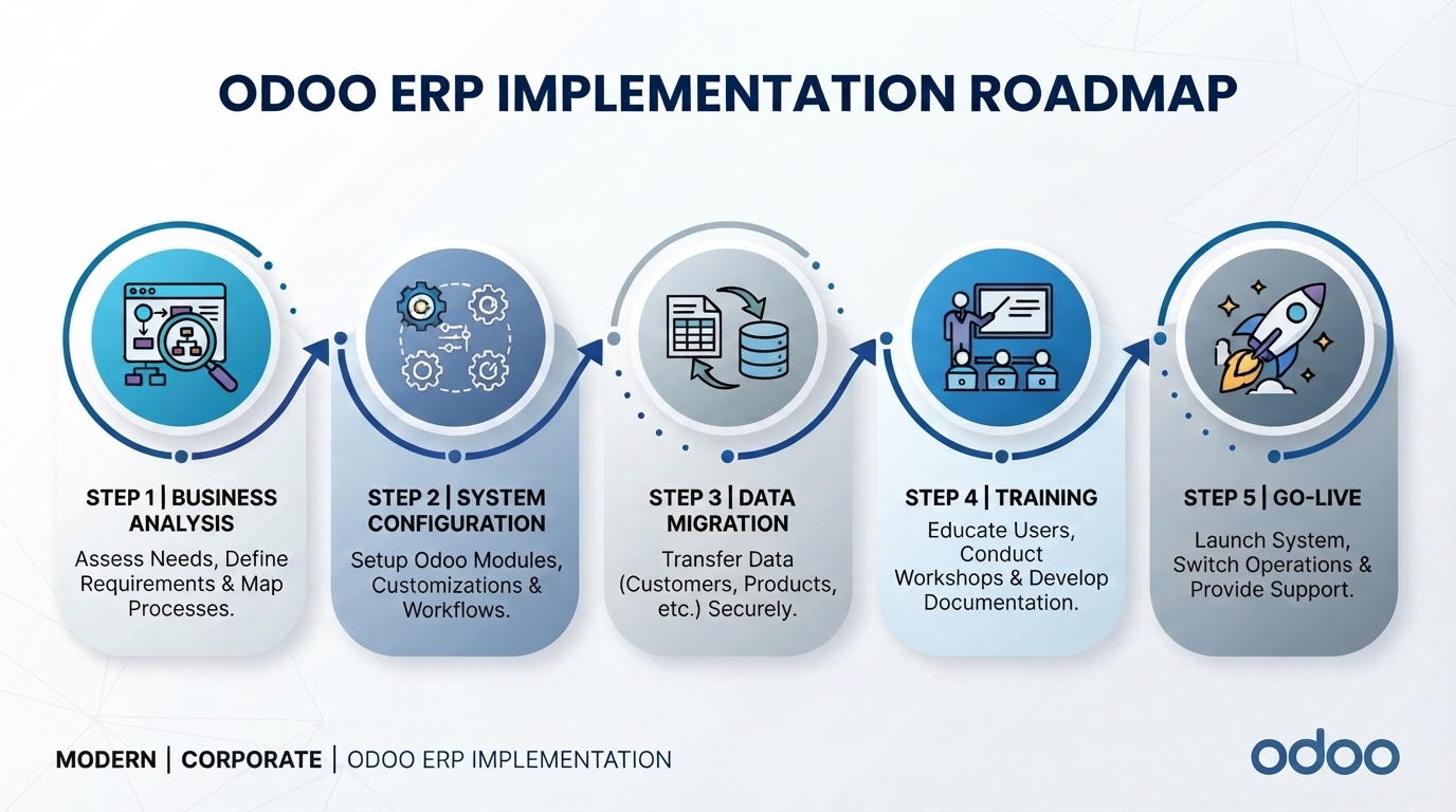 تعرف على خطوات تطبيق Odoo ERP داخل شركتك من التحليل إلى التشغيل، ومزاياه في تحسين الكفاءة وربط الأنظمة للشركات في السعودية.
