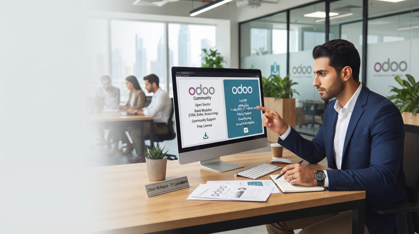 دليل عملي لاختيار رخصة Odoo المناسبة لشركتك في السعودية، مقارنة بين Community وEnterprise، ومعايير القرار الصحيح.