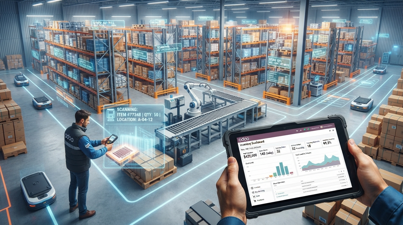 تعرف على كيف يساعد Odoo في إدارة المخزون والمستودعات، من التتبع الدقيق للبضائع إلى تنبيهات إعادة الطلب والتكامل المحاسبي الكامل.