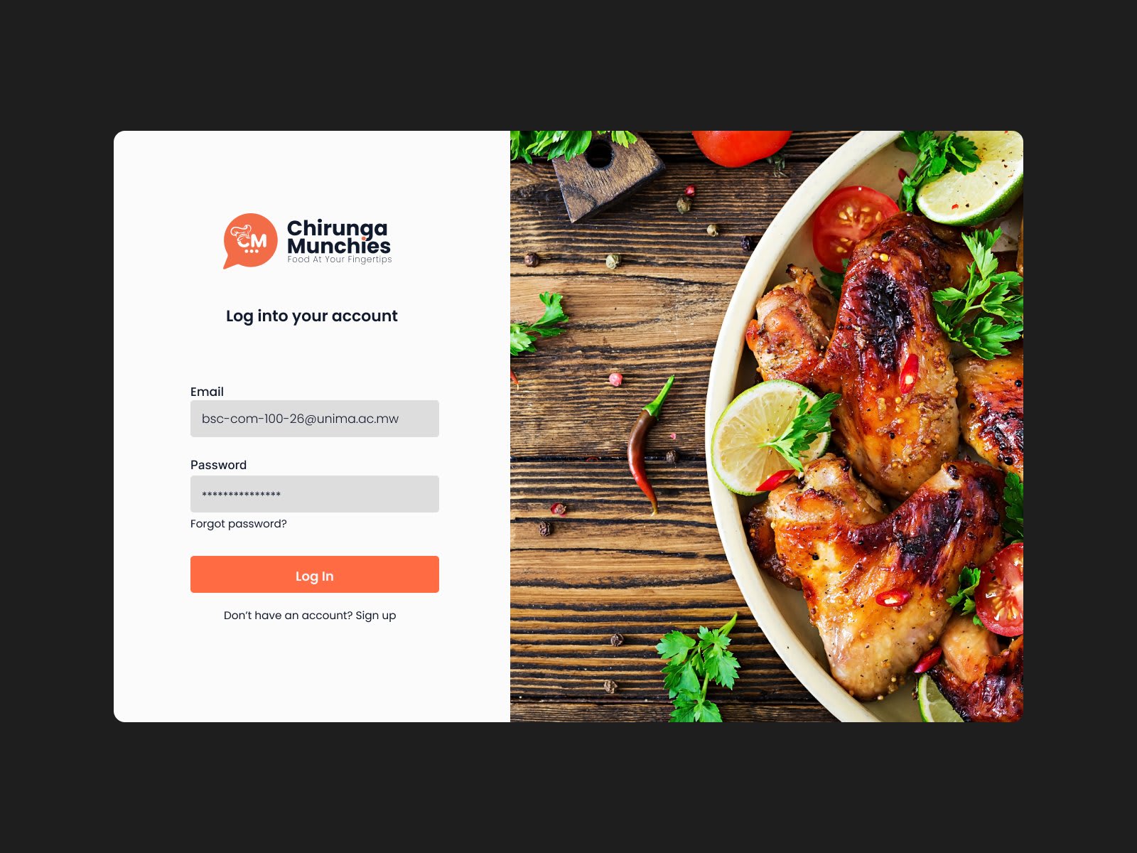 Chirunga Munchies food delivery app login screen design