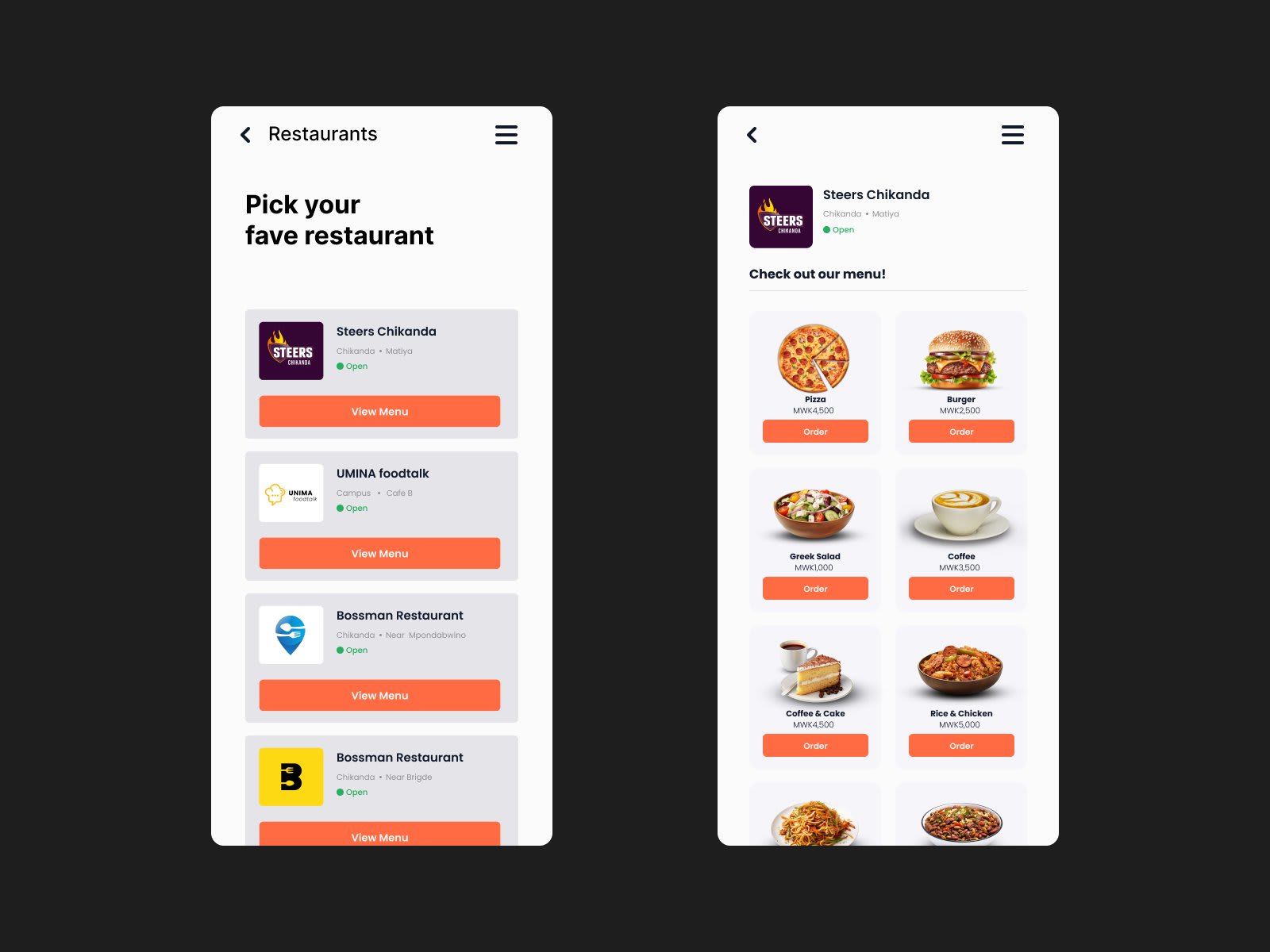Chirunga Munchies mobile app screens mockup set 1