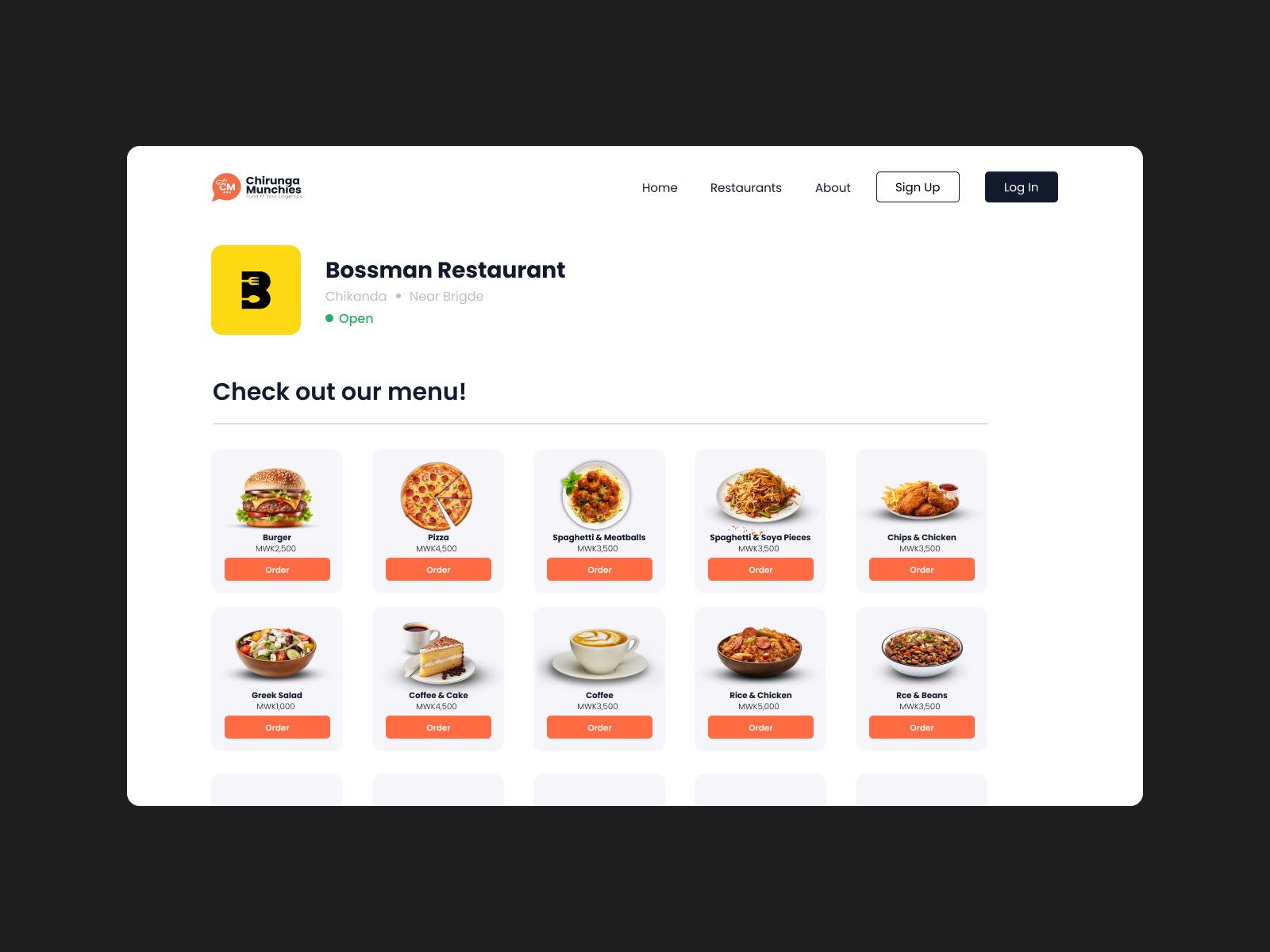 Chirunga Munchies restaurant listing page design