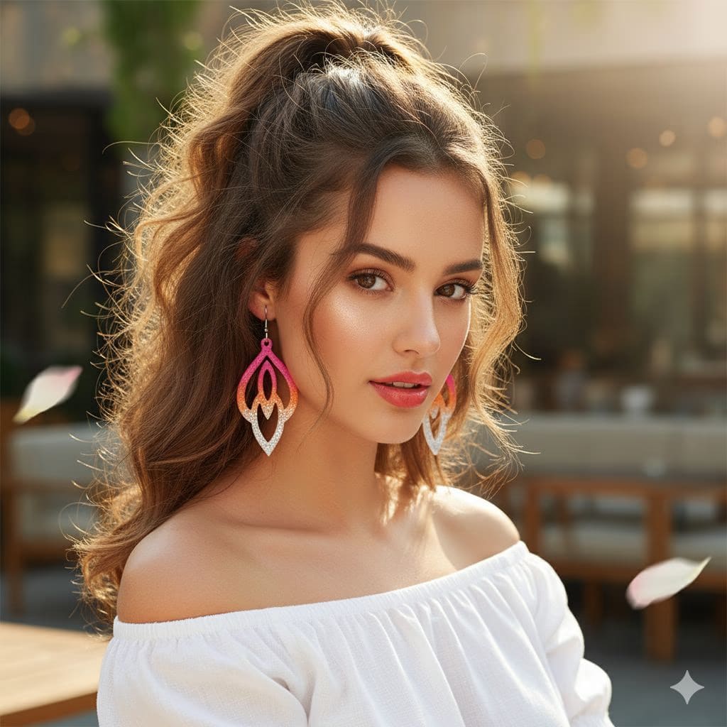 Resin Drop Earrings – Pink, Orange & Silver Sparkle