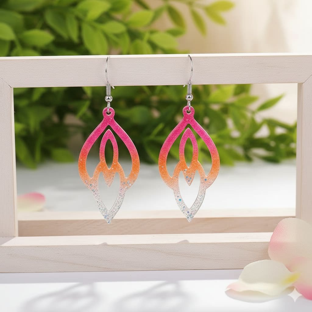 Resin Drop Earrings – Pink, Orange & Silver Sparkle