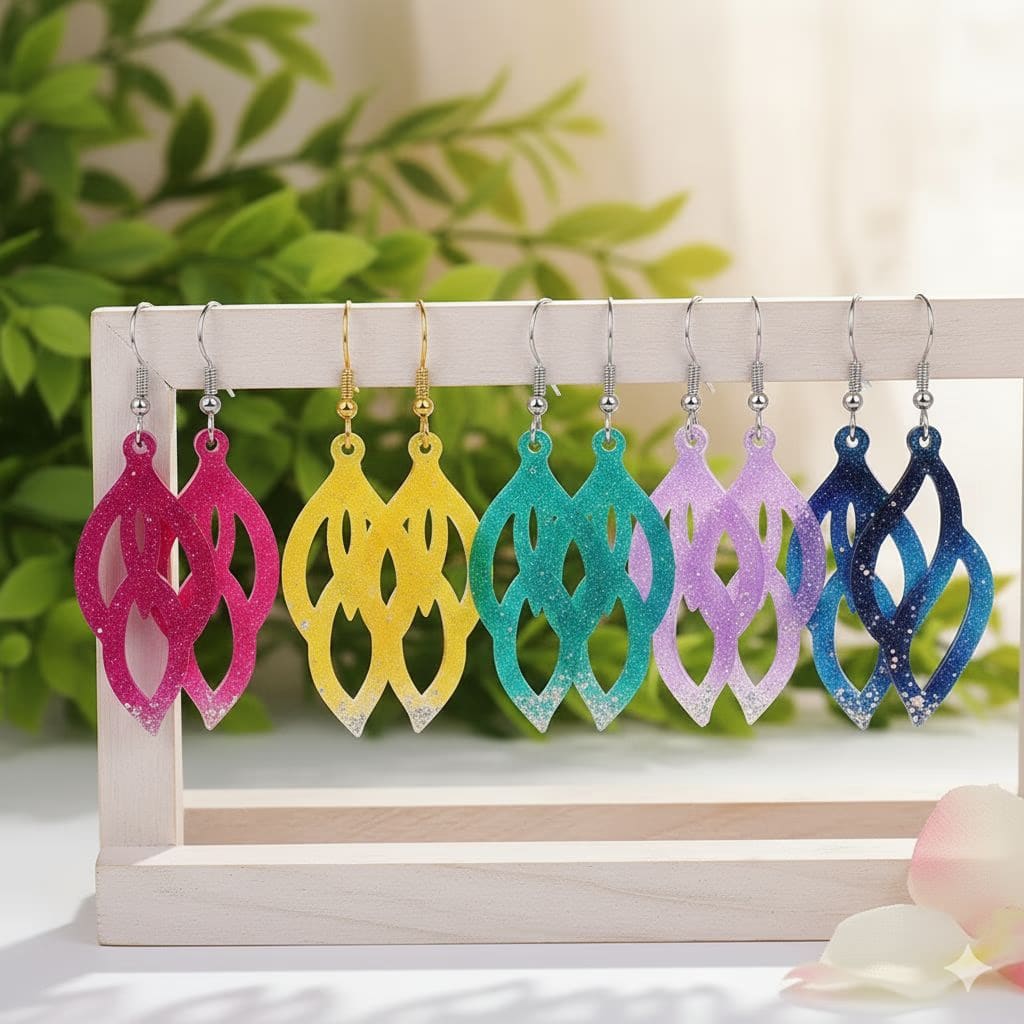 Resin Drop Earrings – Pink, Orange & Silver Sparkle