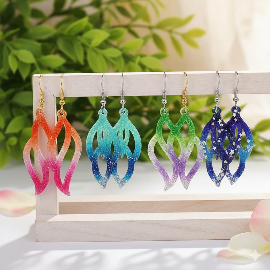 Resin Drop Earrings – Pink, Orange & Silver Sparkle