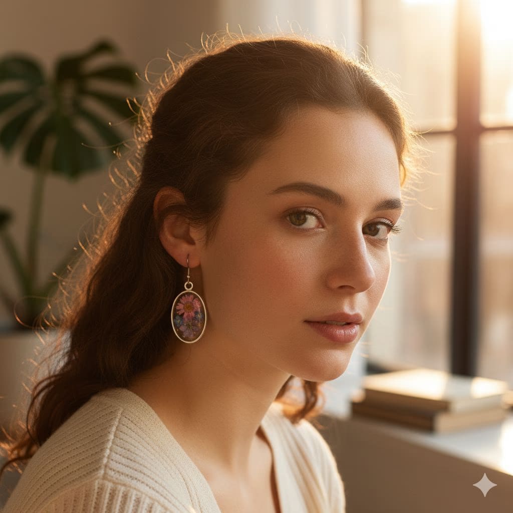 Handmade Resin Drop Earrings | Sterling Silver Oval Dried Floral Pendant Jewelry | Botanical Gift