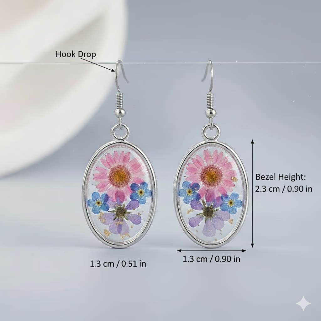 Handmade Resin Drop Earrings | Sterling Silver Oval Dried Floral Pendant Jewelry | Botanical Gift