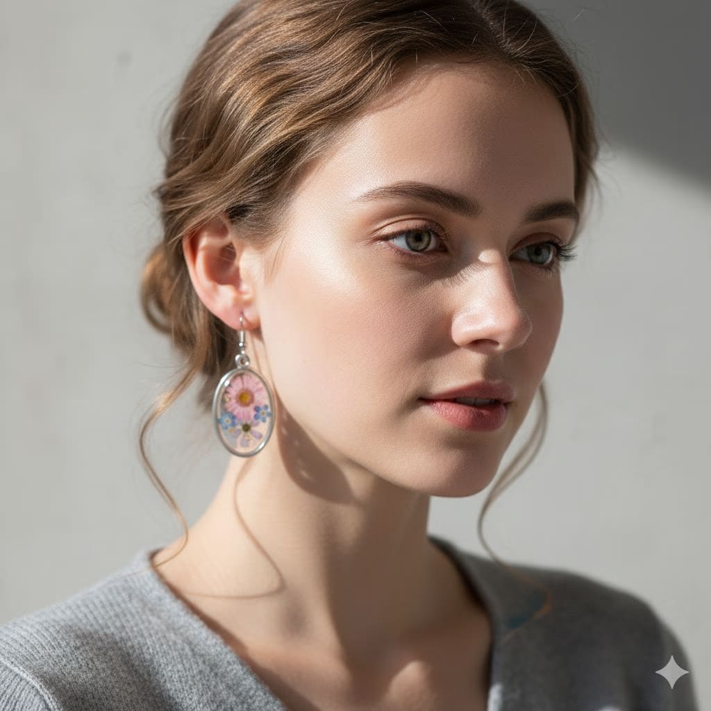 Handmade Resin Drop Earrings | Sterling Silver Oval Dried Floral Pendant Jewelry | Botanical Gift