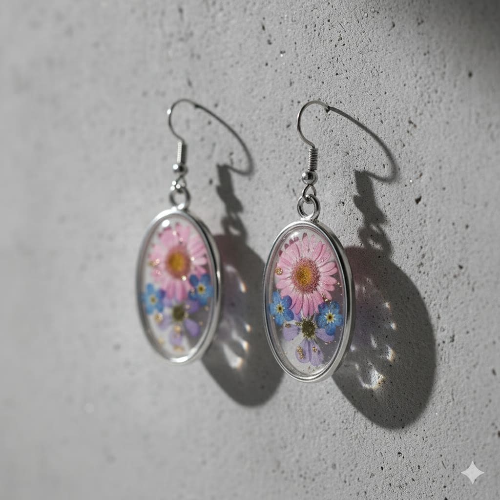 Handmade Resin Drop Earrings | Sterling Silver Oval Dried Floral Pendant Jewelry | Botanical Gift